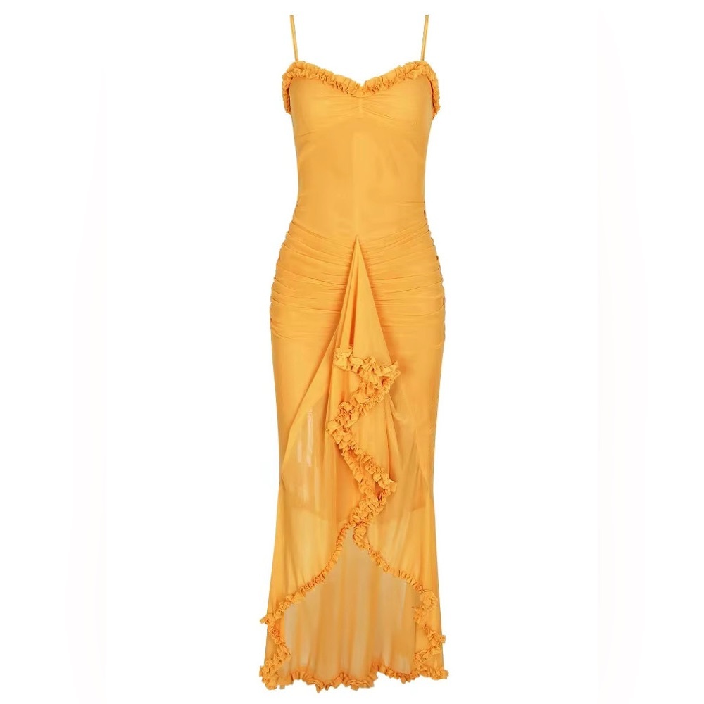 Yellow Ruffled Slip Midi Dress - Picture 3 of 9